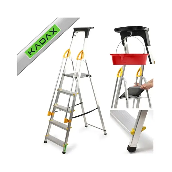 Kadax Aluminium Ladder Met Leuning, Trapladder, Belastbaar Tot 150 Kg, Ladder In 3 Versies, Inklapbare Huishoudladder Met Vak Voor Kwast En thumbnail