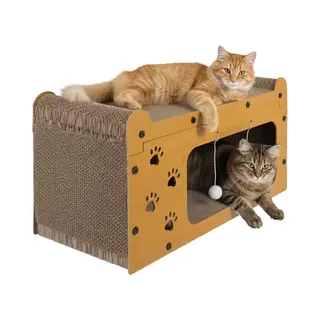 Purlov 3-in-1 Kattenhuis Met 2 Niveaus - Hdf En Extra Sterk Golfkarton, Ligoppervlak + Krabvlak + Spel, Stabiel En Antislip, Voor 1-2 Katten,
