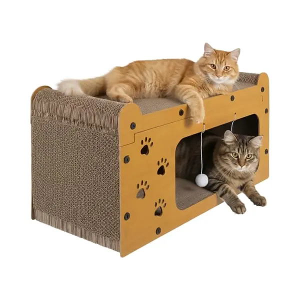 Purlov 3-in-1 Kattenhuis Met 2 Niveaus - Hdf En Extra Sterk Golfkarton, Ligoppervlak + Krabvlak + Spel, Stabiel En Antislip, Voor 1-2 Katten, thumbnail