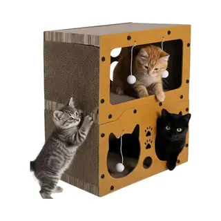 Purlov 3-in-1 Kattenhuis Met 2 Etages - Hdf En Extra Sterk Golfkarton, Krabpaal En Ligplaats Voor 1-2 Katten, 4 Speelballen, Stabiel En Antislip, 51,