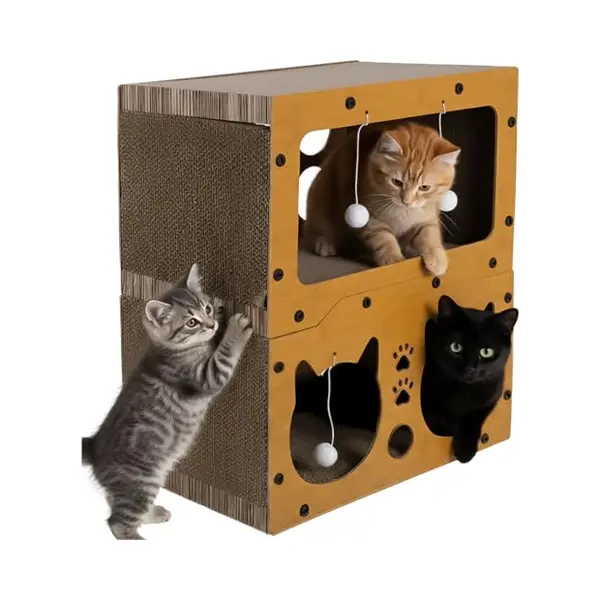 Purlov 3-in-1 Kattenhuis Met 2 Etages - Hdf En Extra Sterk Golfkarton, Krabpaal En Ligplaats Voor 1-2 Katten, 4 Speelballen, Stabiel En Antislip, 51, thumbnail