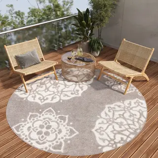 Tapiso Patio Rond Vloerkleed Balkon Terras Tuin Grijs Beige Outdoor Tapijt Maat- 80x80