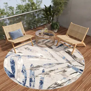 Tapiso Patio Rond Vloerkleed Balkon Terras Tuin Blauw Grijs Outdoor Tapijt Maat- 160x160