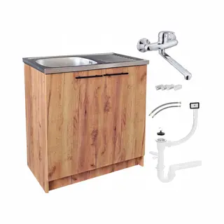 Stamar - Keukenkast 80 Cm - Onderkast Met Spoelbak Met één Compartiment + Kraan + Sifon - Eiken Goud