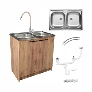 Stamar Keukenkast, 80 Cm, Eiken, Goud, 2 Slaapkamers, Flexibele Set, Staande Kast, 46 Cm Diep, Met Elastische Sifon, Klaar Voor Montage, Xxl