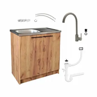 Stamar Armoire De Cuisine - 80 Cm - Chêne Doré - 2 Chambres - Set Olive Flex - 46 Cm De Profondeur - Robinet élastique - Siphon Prêt à Monter -