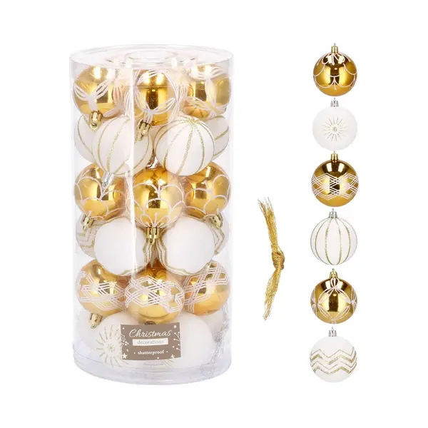 Springos Kerstballen | Kerstversiering | Onbreekbaar | 30 Stuks | 7 Cm | Goud/Wit thumbnail
