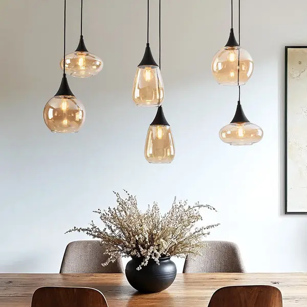 LumenXL - Zwarte Hanglamp Loic - Amber Glas - 6-lichts - E14 thumbnail