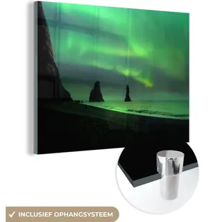 MuchoWow® Glasschilderij 80x60 Cm - Schilderij Acrylglas - Noorderlicht - Zee - IJsland - Foto Op Glas - Schilderijen