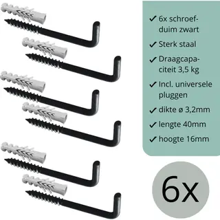 leathergoodz Schroefduimen Zwart - 6 Stuks - 40mm X 16mm X ø3, 2mm (schroef Haak - Schroef Duim - Ophang Haak - Wand Haak)