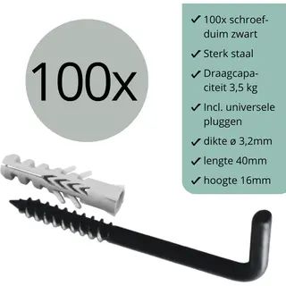 leathergoodz Schroefduimen Zwart - 100 Stuks - 40mm X 16mm X ø3, 2mm (schroef Haak - Schroef Duim - Ophang Haak - Wand Haak)