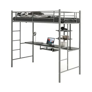 Costway Metal Bunk Bed Frame High Sleeper With Desk And Storage Shelves-Silver