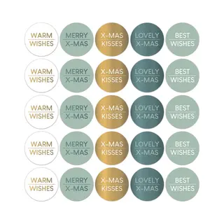 Grote Sluitzegel Kerst Goudfolie | Warm / Best Wishes – X-mas Kisses – Lovely | Groen / Blauw Tinten – Wit – Goud | Envelop Sticker –