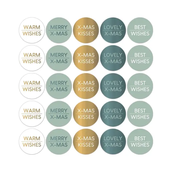 Grote Sluitzegel Kerst Goudfolie | Warm / Best Wishes – X-mas Kisses – Lovely | Groen / Blauw Tinten – Wit – Goud | Envelop Sticker – thumbnail