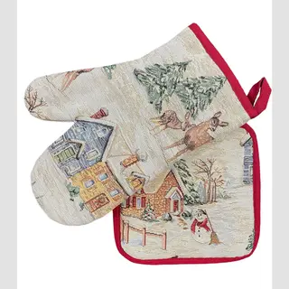Bundel - Ovenwant En Pannenlap - Gobelinstof - Kerst - Snowy Mountains - Rendieren - Sneeuw