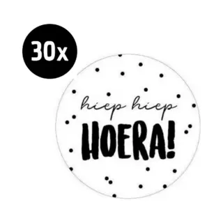30x Sluitsticker Hiep Hoera! | Wit | Zwarte Stippen | 40 Mm | Sluitzegel Feest | Sluitsticker | Chique Inpakken | Verjaardag - Traktatie - Verjaardag