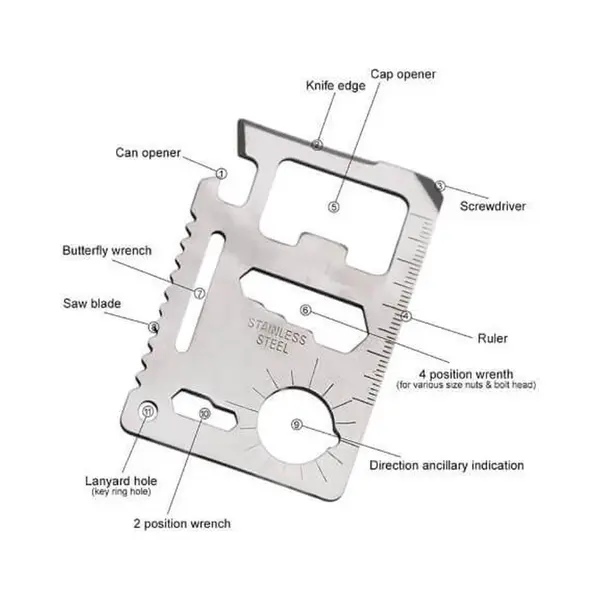 Multi tool cards Creditcard Survival Gear - Multitool Card - Zakmes Tool - Outdoor Kaart - Flesopener Kit - Rvs - 11 In 1! thumbnail