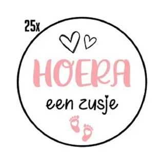 RoNa Design 25x Sluitsticker Hoera Een Zusje - Roze - 40 Mm - Geboorte Sticker - Sluitzegel - Sticker Geboortekaart Jongen - Baby Nieuws - Trakteren Broer Zus