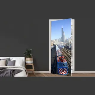 StickerSnake Deursticker Treinen In Chicago Met De Willis Tower - 75x205 Cm - Deurposter