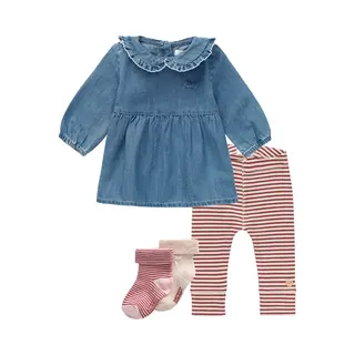 Noppies - Kledingset - 4delig - Jurk Acarique Medium Wash - Legging La Havre Stripe Henna - 2 Paar Sokjes - Maat 92