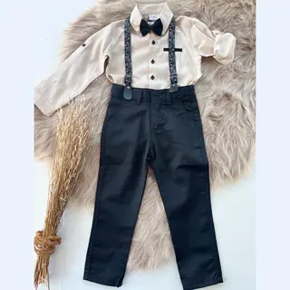 Luxe Vierdelige Katoenen Set-4 Delig Kinderpak- Effen Beige Overhemd, Verstelbare Bretels En Vlinderdas- Kostuumbroek (zwart),