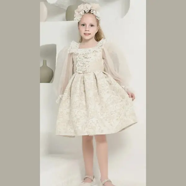 Vintage Feestjurk Met Haardiadeem-galajurk- Jurk Met Lange Mouwen-meisjes-bruiloft-fotoshoot-verjaardag-bloemenmotiefjes-kanten-borduursel-beige thumbnail
