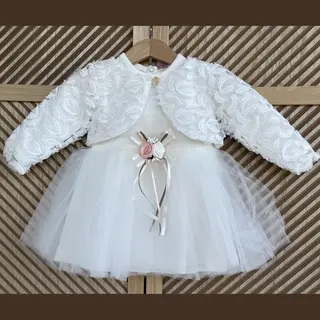 Luxe Feestjurk-bruidsjurk-doopkleding-tule Jurk Met Jasje-blaadjesmotief-baby Jurk-tutu Rok- Tweedelige Set- Katoenen Jurk Met Steentjes En