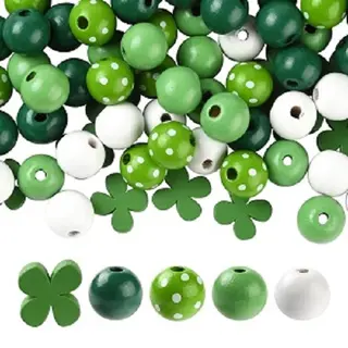 Houten Kralen, Set Van 160 Grote Vrolijke Kralen In Ierse Stijl, Wit En Groene Kleuren.