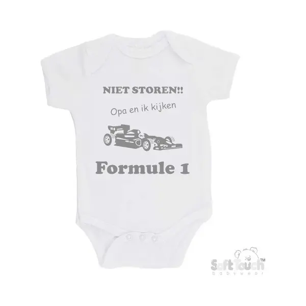 100% Katoenen Romper "Niet Storen!! Opa En Ik Kijken Formule 1" Unisex Katoen Wit/grijs Maat 62/68 thumbnail