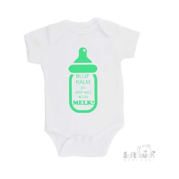 100% Katoenen Romper "Blijf Kalm En Geef Mij Mijn Melk!" Unisex Katoen Wit/mint Maat 56/62 thumbnail