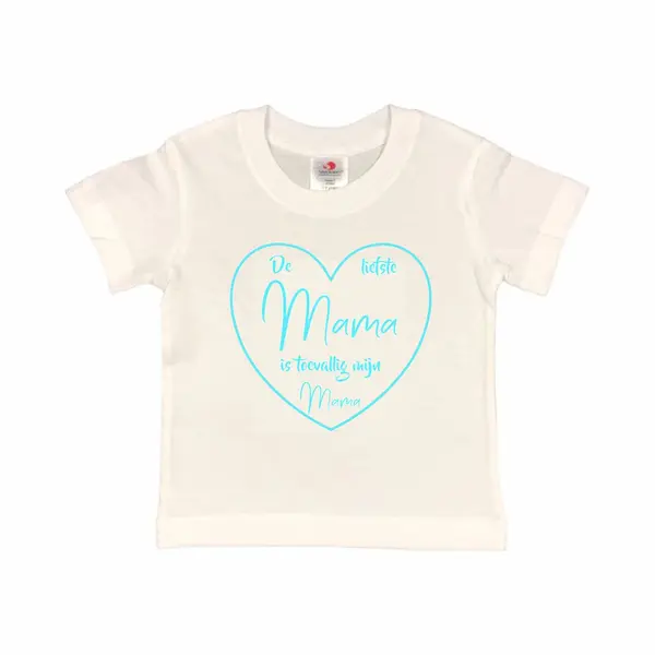 T-shirt Kinderen "De Liefste Mama Is Toevallig Mijn Mama" Moederdag | Korte Mouw | Wit/aquablauw | Maat 110/116 (Xs) thumbnail