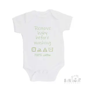 100% Katoenen Romper "Remove Baby Before Washing 100% Cotton" Unisex Katoen Wit/sage Green (saliegroen) 56/62