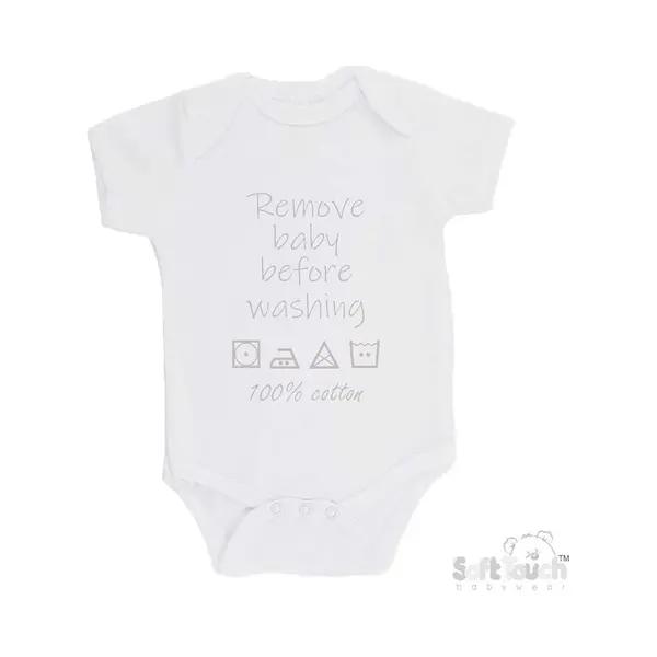 100% Katoenen Romper "Remove Baby Before Washing 100% Cotton" Jongens Katoen Wit/zilver Shiny Maat 68/74 thumbnail