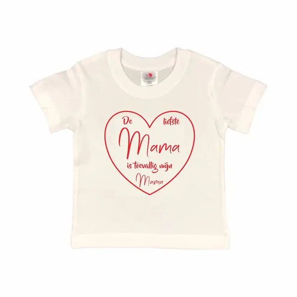 T-shirt Kinderen "De Liefste Mama Is Toevallig Mijn Mama" Moederdag | Korte Mouw | Wit/rood | Maat 86/92 (Xxxs) thumbnail