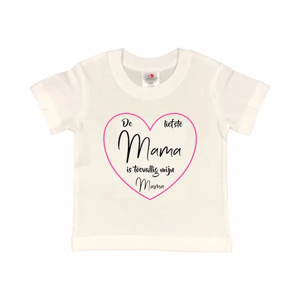 T-shirt Kinderen "De Liefste Mama Is Toevallig Mijn Mama" Moederdag | Korte Mouw | Wit/roze/zwart | Maat 86/92 (Xxxs) thumbnail