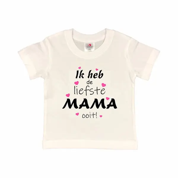 T-shirt Kinderen "Ik Heb De Liefste Mama Ooit!" Moederdag | Korte Mouw | Wit/roze/zwart | Maat 86/92 (Xxxs) thumbnail