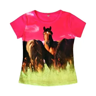 T-shirt Met Paarden, Roze, Full Colour Print, Kids, Kinder, Maat 110/116, Horses, Mooie Kwaliteit!