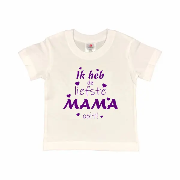 T-shirt Kinderen "Ik Heb De Liefste Mama Ooit!" Moederdag | Korte Mouw | Wit/paars | Maat 134/140 thumbnail