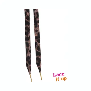 Lace it Up Schoenveters Plat Luxe Satijn Luipaard - Bruine Veters 120cm Lang Met Gouden Nestels