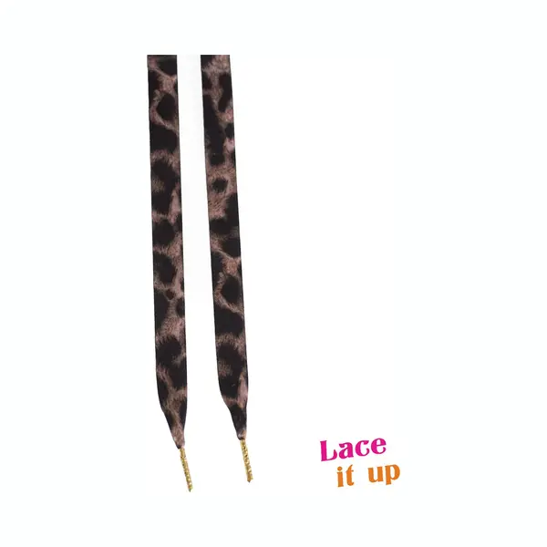 Lace it Up Schoenveters Plat Luxe Satijn Luipaard - Bruine Veters 120cm Lang Met Gouden Nestels thumbnail