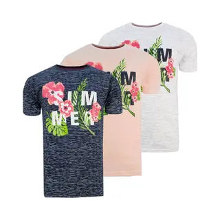 3 Pack Mens Merk Soulstar 100% Cotton Melange Printed T-Shirt Casual, 200 Gsm Fabric Quality Maat M, White-Navy-Peach
