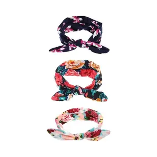 Mylinsé Baby Meisjes Haarbandjes Met Bloemenprint – Set Van 3 – Zwart, Blauw & Roze – Rekbaar Katoen – 3-18 Maanden