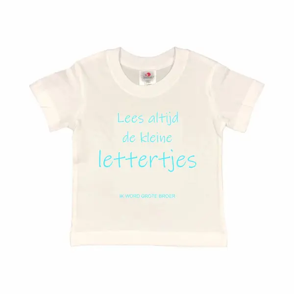 Shirt Aankondiging Zwangerschap "Lees Altijd De Kleine Lettertjes (ik Word Grote Broer)" | Korte Mouw | Wit/aquablauw | Maat 86/92 Zwangerschap thumbnail
