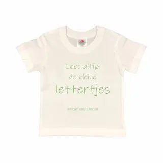 Shirt Aankondiging Zwangerschap "Lees Altijd De Kleine Lettertjes (ik Word Grote Broer)" | Korte Mouw | Wit/sage Green (saliegroen) | Maat 98/104