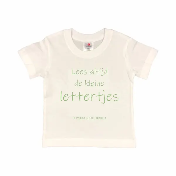 Shirt Aankondiging Zwangerschap "Lees Altijd De Kleine Lettertjes (ik Word Grote Broer)" | Korte Mouw | Wit/sage Green (saliegroen) | Maat 98/104 thumbnail