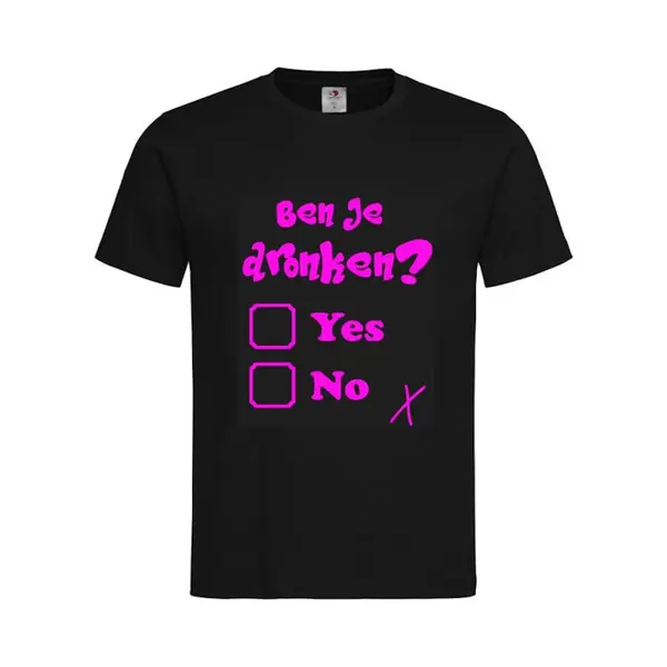 T-shirt Unisex Volwassenen Lol - Carnaval - Kermis - Feestje - Grappig Tekst "Ben Je Dronken? Yes No" Op Voorkant | Korte Mouw | Zwart/fluor Pink | thumbnail