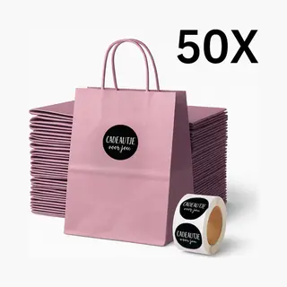 Papieren Draagtas (S) - Oud Roze - (Inclusief Zwarte Stickers “Cadeautje Voor Jou”) - 50 Stuks - 18x8x22 Cm - Papieren Tasjes - Kraft Tas - Tassen