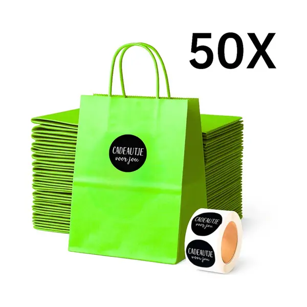 Papieren Draagtas (S) - Lime Groen - (Inclusief Zwarte Stickers “Cadeautje Voor Jou”) - 50 Stuks - 18x8x22 Cm - Papieren Tasjes - Kraft Tas - thumbnail