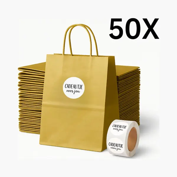 Papieren Draagtas (S) - Goud - (Inclusief Stickers “Cadeautje Voor Jou”) - 50 Stuks - 18x8x22 Cm - Papieren Tasjes - Kraft Tas - Tassen - Cadeau thumbnail
