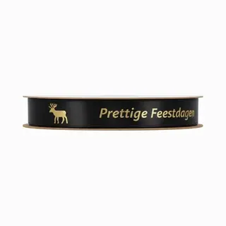 Satijnlint Prettige Feestdagen – Zwart Met Goudkleurige Opdruk – 15mm Breed – 20 Meter Rol – Luxe Cadeaulint Met Rendiermotief – Kerstlint